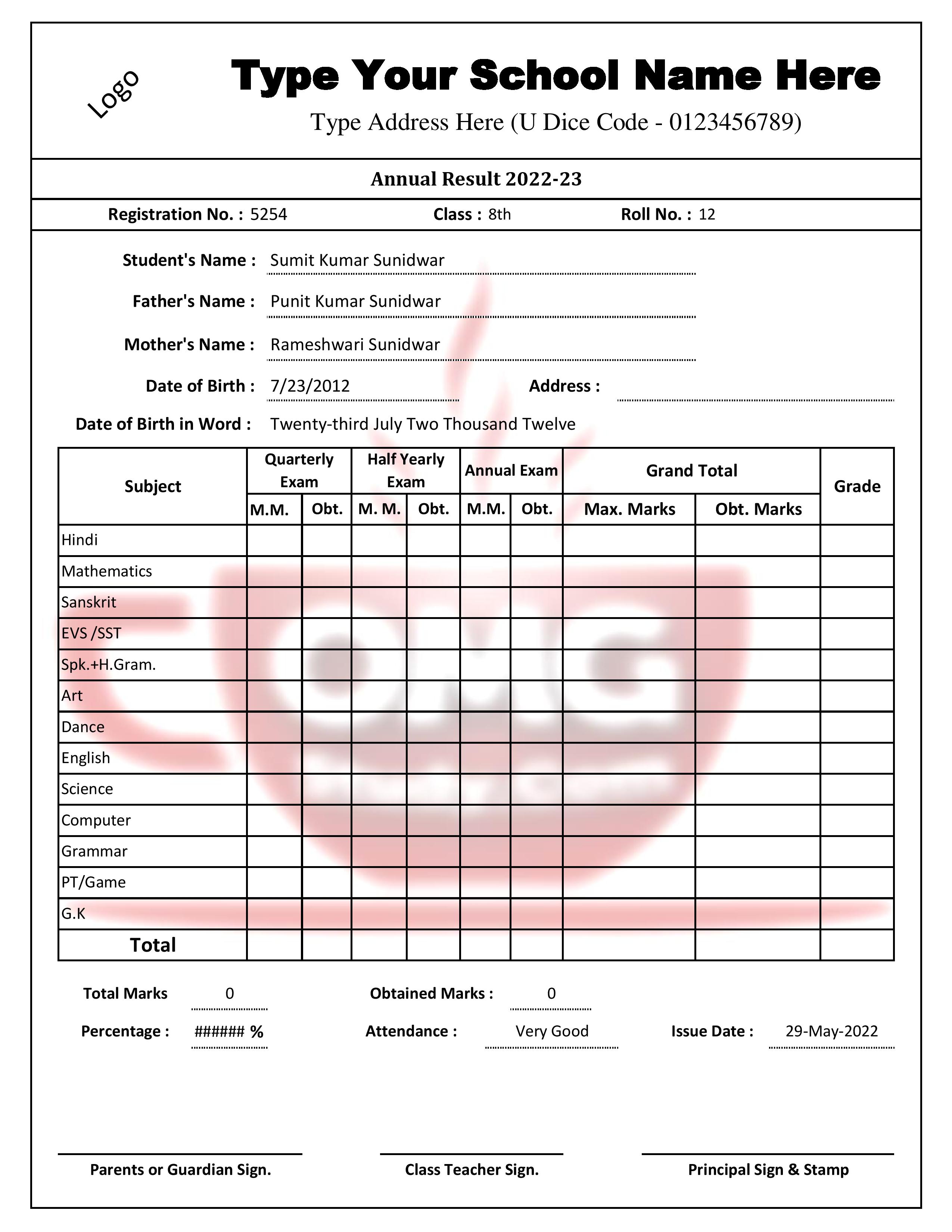 Complete Marksheet Management System in Excel for School