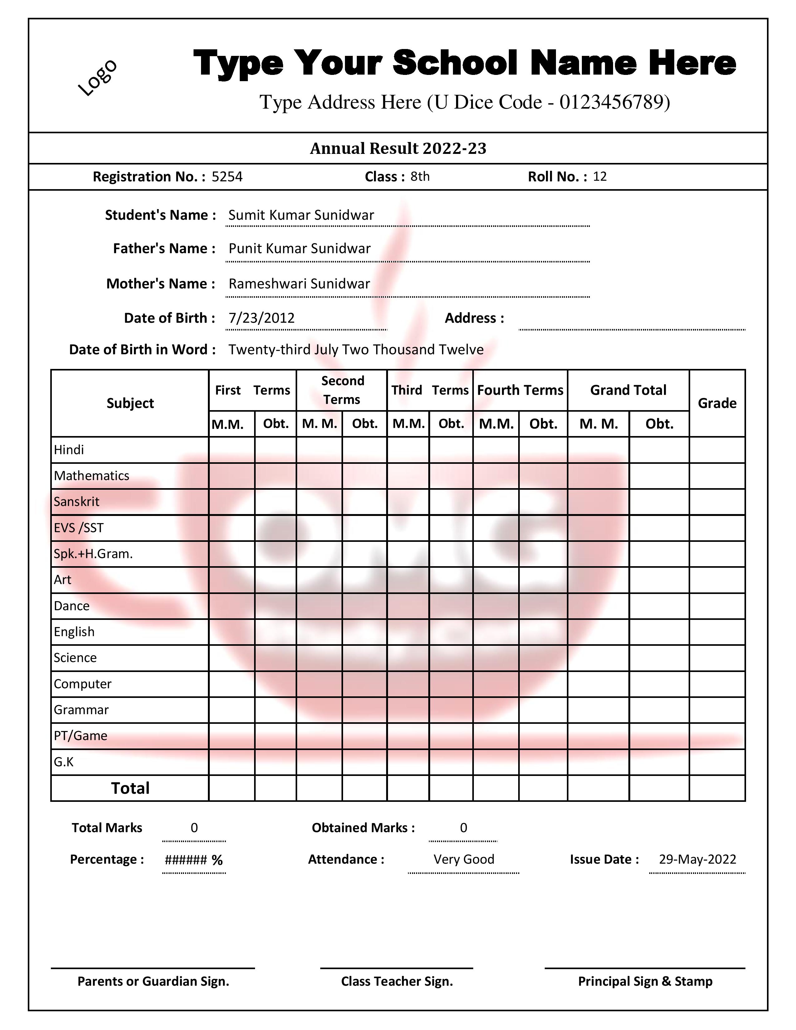 Cbse 10th Marksheet Sample - photos and vectors