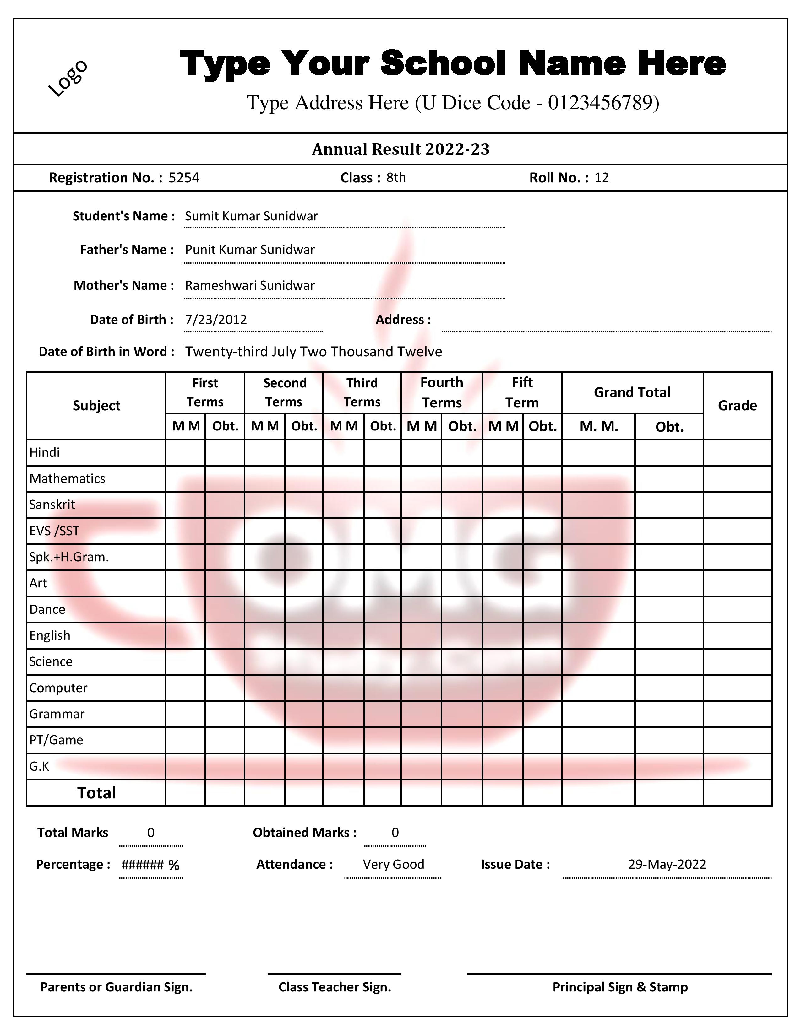 10th Marksheet Template